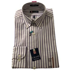 NWT CHAPS Twill Striped Classic Fit Wrinkle Free Button Down 15-15.5  32/33
